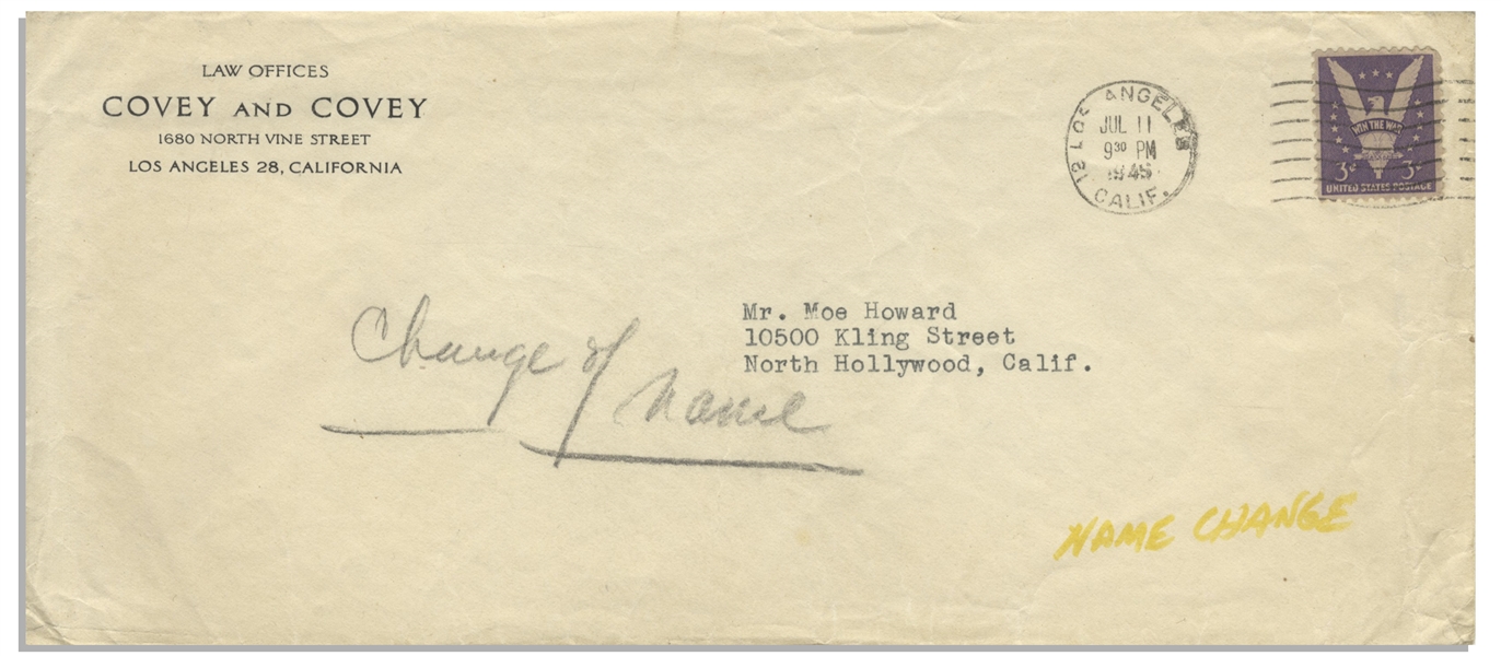 1945 Name Change Application From Moses Horwitz to Moe Howard -- Petition Also Includes Name Changes for Moe's Wife & Children -- 2pp. With Court Stamp Measures 8.5'' x 13'' -- Very Good Plus